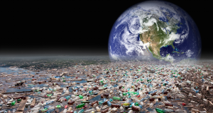 Planet Earth rising over garbage filled water