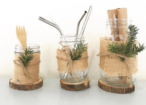 Decorative, re-usable Holiday Glasses with metal straws